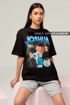 "Seventeen Joshua Retro 90s T-shirt - Seventeen Kpop Tee - Kpop Merch - Kpop Gift for her or him - Seventeen Carart Tee - Bootleg Tee This is our unisex shirt, and it's true to size. To get the oversized look, you have to choose +1 or +2 of your original size number. If you're not sure about your size, you can refer to our size chart. Reach out if you have any issues with your order! The unisex heavy cotton tee is the basic staple of any wardrobe. It is the foundation upon which casual fashion grows. The specially spun fibers provide a smooth surface for premium printing vividity and sharpness. No side seams mean there are no itchy interruptions under the arms. The shoulders have tape for improved durability. .: 100% cotton (fiber content may vary for different colors) .: Medium fabric (5. Black Y2k T-shirt With Custom Print, Black Kpop Crew Neck T-shirt, Kpop Crew Neck T-shirt For Streetwear, Black Kpop T-shirt With Graphic Design, Y2k T-shirt With Character Print For Streetwear, Y2k Character Print T-shirt For Streetwear, Y2k Style Character Print T-shirt For Streetwear, Kpop Fan Merchandise Graphic T-shirt, Y2k Black Custom Print T-shirt