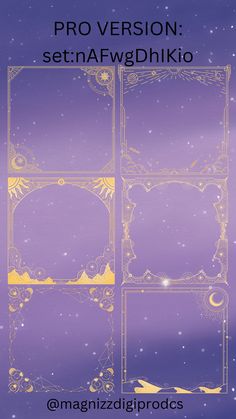 a purple and gold background with four different frames