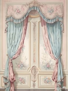 an old fashion bedroom with pink and blue curtains