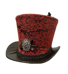 Hat  Steampunk Gothic Top Hat Red/ black vintage  print  Top Hat fully lined size 59 cm . It has lots of detail including lush vibrant soft feathers , roses and jewel  please refer to photos The Hat is brand new and unworn.high quality by Raven SDL . Any traces of glue is not a defect but characteristics of a hand made hat  Thank you for looking Steampunk Top, Steampunk Festival, Steampunk Top Hat, Gothic Tops, Top Hats, Gothic Steampunk, Fantasy Inspiration, Black Vintage, Top Hat