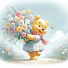 a winnie the pooh bear holding a bouquet of flowers with a butterfly flying overhead