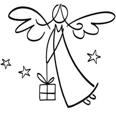 an angel holding a present with stars around it