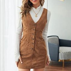 New With Tags Button Up Corduroy Dress From Shein Size Extra Small (2). I Also Have A Small (4) Listed. Cord Pinafore Dress, Solid Color Jumpsuits, Shein Dress, Moda Boho, Corduroy Dress, Shein Dresses, Tea Length Dresses, Cute Fall Outfits, Pinafore Dress