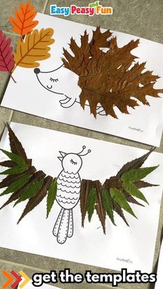 two leaf crafts with leaves on them and the words, get the templates here