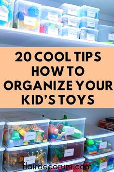 an organized kids'toy storage area with plastic containers and bins filled with toys