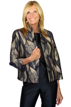 Our Versatile Roxy Jacket Updated for Fall in Our New Poly/Silk Autumn Leaf Fabric. Color: As Shown Made to order in House in Southern California Custom Sizing is Available, Please Contact Us for Information. Fitted Silk Outerwear For Fall, Fitted Gold Silk Outerwear, Silk Outerwear For Fall Parties, Silk Party Outerwear For Fall, Leaf Fabric, Wrap Shirt, Bee Necklace, Autumn Leaf, Knit Wrap