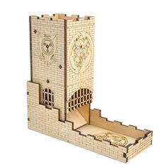 a wooden model of a castle with an open door and window on the front side