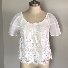 Nwt Moulinette Soeurs Short Sleeve White Lace Top Size Xs. Approx Measurements Between Underarms 16, Across Bottom 23, Length 22. Fitted Tops With Broderie Anglaise For Day Out, Casual Fitted Blouse With Broderie Anglaise, Fitted Casual Blouse With Broderie Anglaise, Spring Tops With Broderie Anglaise, Fitted Broderie Anglaise Tops For Spring, Fitted Broderie Anglaise Blouse For Day Out, Daytime Fitted Tops With Lace Trim, Fitted Lace Trim Tops For Daytime, White Lace Top