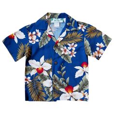 Majestic Blue Hawaiian Boy Shirt - Made In Hawaii Fitted Floral Print Shirt For Vacation, Blue Hawaiian Printed Tops, Blue Tropical Cotton Top, Blue Tropical Print Cotton Tops, Blue Cotton Tops With Tropical Print, Classic Blue Tops For Vacation, Classic Fitted Vacation Shirt, Classic Fitted Shirt For Vacation, Blue Hawaiian Long Sleeve Tops