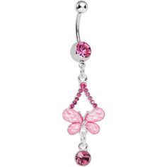 the pink butterfly belly ring is hanging from a chain