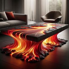 a living room with a couch and fire painted on the floor in front of it