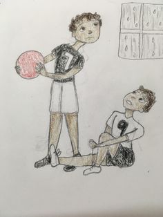 a drawing of a boy playing with a ball and another person sitting on the ground