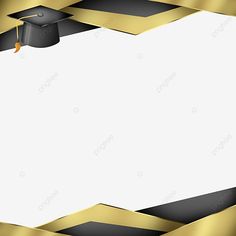 a graduation cap and gown on top of a black and gold striped background with white paper