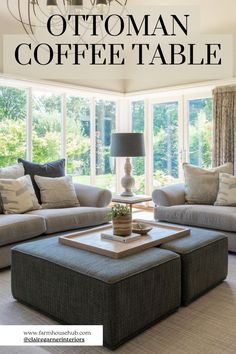 Ottoman Coffee Table Ideas Coffee Table Two Piece, Big Ottoman Coffee Tables, Transitional Living Room Ottoman, Sectional Ottoman Coffee Table, Transitional Style Coffee Table, Decorating Ottomans Ideas, Ottoman And Coffee Table In Living Room, Ottomans In Living Room, Tufted Ottoman Living Room