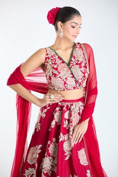 Red lehenga with floral patchwork, sequin, bead, cutdana embroidery. Paired with embroidered blouse and border embroidered dupatta. - Aza Fashions Ridhi Mehra Lehenga, V Neck Lehenga, Raw Silk Embroidery, Cutdana Embroidery, Ridhi Mehra, Lehenga Pattern, Red Lehenga, Floral Patchwork, Embroidered Dupatta