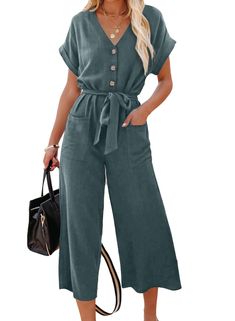 PRICES MAY VARY. Feature:Short sleeve, V neck, Solid color, High waist, Button Down, Pocketed, Long Pants Jumpsuits Romper with Belt. Casual jumpsuit is made of good fabric, comfortable, soft, breathable, lightweight, loose design make it full of vitality. The wide legs make this women romper easy to wear, plus the material is soft and breathable so you will be cool and comfy all season. Match: you can pair the solid color one piece outfit with shoes, sandals or heels as you like. Occasion: Jump Wide Leg Jumpsuits, Solid Color Jumpsuits, Jumpsuit Casual, Cropped Pants Women, Casual Jumpsuit, Type Of Pants, Women Crop, Wide Leg Jumpsuit, Relaxed Style