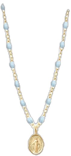 Gigi Clozeau - Madone Charm Classic Gigi Baby Blue necklace, Yellow Gold, 16.5 Elegant Light Blue Beaded Jewelry, Elegant Light Blue Beaded Chain Jewelry, Elegant Light Blue Necklace With Beaded Chain, Blue Beaded Collar Necklaces, Elegant Light Blue Beaded Chain Necklaces, Elegant Light Blue Beaded Chain Necklace, Blue Necklaces With Clavicle Chain And Round Beads, Blue Clavicle Chain Necklaces With Round Beads, Elegant Blue Necklace With Chain