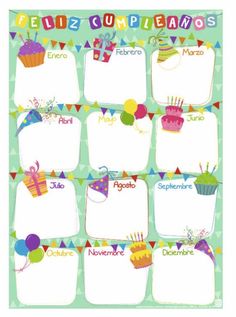 a birthday calendar with cupcakes, balloons and flags on the side for each month