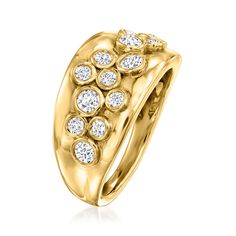 Ross-Simons - .75 ct. t. w. Bezel-Set Diamond Ring in 14kt Yellow Gold. Size 6. This bubbly ring takes your look to a new level, while still providing that luxe essence you're always striving for. A shimmering line of .75 ct. t. w. bezel-set round brilliant-cut diamonds winds across the front of the glossy 14kt yellow gold band. 3/8" wide. Bezel-set diamond ring. Diamond birthstones are the perfect gift for April birthdays. Bezel Set Diamond Ring, April Birthday, Diamond Birthstone, Bezel Set Diamond, Ring Diamond, Gold Band, Round Brilliant Cut Diamond, Bezel Setting, Gold Bands