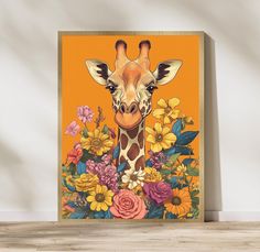 a giraffe with flowers on an orange background