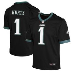 When Jalen Hurts is on the field, opposing teams take notice, so help your youngster show some love for one of the top players in the NFL with this exclusive Philadelphia Eagles Game jersey from Nike. Complete with mesh panels for extra breathability, this jersey replicates the authentic one that Jalen Hurts wears every Sunday, giving your young fan the perfect piece of gear for every Philadelphia Eagles game this season. Nike Football Season Jersey, Nike Football Season Jersey With Team Name, Nike Jersey With Team Name For Football Season, Nike Football Season Sports Jersey, Black Jersey For Football Season Fan Gear, Black Jersey For Sports Season Fan Merchandise, Black Sports Season Fan Merchandise Jersey, Eagles Game, Eagles Jersey