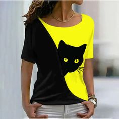 Show Your Purr-sonality Calling all cat enthusiasts! Show off your feline affection every day with our Vibrant Casual Funny Cat T-Shirts. Ideal for those lazy summer days or cozy winter vacations, these tees are made from a soft, stretchy blend of cotton, polyester, and spandex. The fabric is easy-care, ensuring it won't shrink or fade, keeping your favorite shirt looking fresh and vibrant. Featuring a comfortable oval boat neck and short sleeves, these tees come in an array of contrasting color Trendy Cat Print Summer Tops, Trendy Summer Tops With Cat Print, Trendy Cat Print Tops For Summer, Casual Fitted T-shirt With Cat Design, Summer Cat Print Crew Neck T-shirt, Summer Crew Neck T-shirt With Cat Print, Summer Cat Print Crew Neck Top, Casual Summer Tops With Cat Print, Casual Summer Cat Print Tops