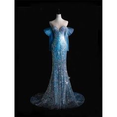 Off Shoulder Blue Sequins Mermaid Evening Gown With Gauze Plus Size - WonderlandByLilian Sparkling Tulle Evening Dress For Gala, Elegant Sparkling Tulle Evening Dress, Elegant Sparkling Tulle Gown, Sequin Mermaid Dress With Fitted Bodice For Gala, Sparkling Fitted Tulle Evening Dress, Mermaid Dress With Sequins And Sweetheart Neckline For Gala, Sequin Mermaid Dress For Wedding Gala, Glamorous Blue Sequin Mermaid Dress, Tulle Mermaid Prom Dress