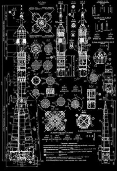 a black and white drawing of a space shuttle with blueprints on it's side