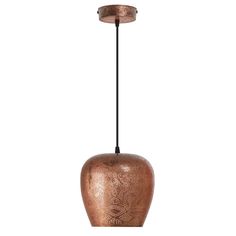 a copper colored pendant light hanging from a black cord