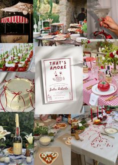 a collage of photos showing different types of food and drink at an outdoor event