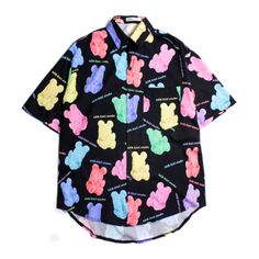 a black shirt with colorful teddy bears on the front and chest, all over it