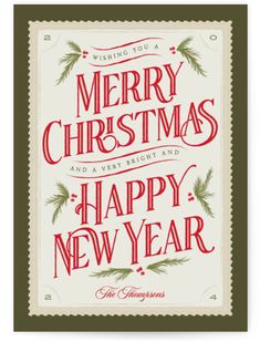 a christmas card with the words merry christmas and happy new year written in red on it