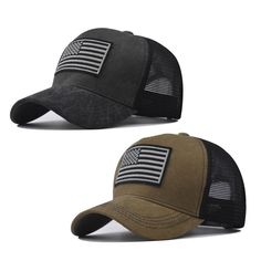 two hats with an american flag patch on the front and back, both black and tan