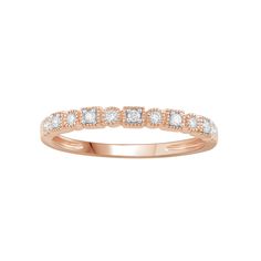 Featuring a series of gorgeous diamonds, this beautiful 10k rose gold milgrain band ring is the a must-add to your fine jewelry collection.Click on this JEWELRY & WATCHES GUIDE to learn about fit, styles, materials and more! Width: 1.8 mm Metal: 10k rose gold Finish: polished Packaging: boxedDIAMOND DETAILS Total weight: 1/10 ct. Shape: round Setting: bezel Diamond weights are approximate. Diamond total weights may vary between .01 and .08 ct. Some diamonds have fewer than 17 facets. Gemstones m Classic Stackable Rose Gold Diamond Ring, Classic Rose Gold Stackable Rings With Diamond Cut, Classic Rose Gold Stackable Rings With Brilliant Cut, Classic 14k Rose Gold Ring With Diamond Accents, Classic Rose Gold Diamond Stackable Rings, Classic 14k Rose Gold Diamond Ring With Diamond Cut, Timeless Rose Gold Diamond Ring With Accents, Rose Gold Half Eternity Diamond Ring, Classic Rose Gold Ring With Pavé Setting