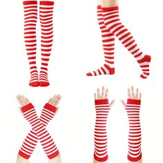 PRICES MAY VARY. Package Includes:You will receive 2 pairs of over the knee socks and 2 pairs of striped gloves.Machine washable,hand washing is recommended,no iron or bleach. Quality Material:The red and white striped leg warmers thigh high socks set is made of quality material,breathable and soft,stretchy and reliable,comfy and warm. Classic Striped Design:Each pair of socks and gloves are red and white striped color matching,simple and cute.The colors are bright.The classic design is full of Red And White Accessories, Knee-high Stockings For Cosplay And Winter, Knee-high Stockings For Cosplay In Winter, Knee-high Winter Stockings For Cosplay, Knee-high Socks For Cosplay And Winter, White Thigh Highs, Striped Gloves, Halloween Supplies, Crazy Outfits