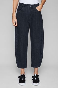 Woven Pant - Unexpectedly flattering, the barrel-leg jean is our favorite for so many different looks. Dark Wash Wide Leg Cropped Pants With Relaxed Fit, Chic Cropped Jeans In Denim Blue With Tapered Leg, Dark Wash Cropped Wide Leg Pants With Five Pockets, Chic Baggy Tapered Leg Jeans, Chic Dark Wash Tapered Leg Cropped Jeans, Baggy Tapered Leg Jeans For Workwear, Tapered Dark Wash Bottoms For Spring, Dark Wash Tapered Leg Cropped Jeans For Work, Workwear Cropped Jeans With Tapered Leg In Dark Wash