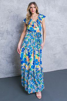 KEEP BLOOMING WOVEN MAXI DRESS l FLYING TOMATO | Flying Tomato Colorful Floral Print V-neck Maxi Dress, Multicolor V-neck Maxi Dress With Vibrant Print, Vibrant Printed V-neck Maxi Dress, Vibrant V-neck Maxi Dress With Floral Print, Tropical V-neck Maxi Dress With Vibrant Print, Flying Tomato, Tiered Skirt, Woven Fabric, Ruffles