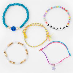 Accessorize your wrists in style and with a smile! This pretty set includes 3 beaded stretch bracelets and 2 adjustable bracelets, some with charms and one with the word "Breathe", in a rainbow of colors to accent any outfit. Pack Size: 5 Material: Plastic - Claire's Breathe Novelty Beaded Stretch Bracelets - 5 Pack Playful Adjustable Friendship Bracelets With Round Beads, Adjustable Playful Friendship Bracelets With Round Beads, Trendy Friendship Bracelets With Round Beads For Everyday, Trendy Adjustable Assorted Beaded Bracelets, Adjustable Colorful Beads Charm Bracelet For Friendship, Adjustable Charm Bracelet With Colorful Beads For Friendship, Adjustable Letter Beads Friendship Bracelets, Playful Everyday Friendship Bracelets With Round Beads, Trendy Adjustable Charm Bracelet With Round Beads