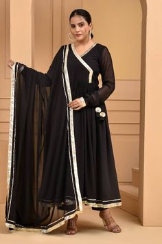 Black pleated anarkali with placement gota lace work. Paired with a pant and dupatta with gota lace border. - Aza Fashions Diana Penty, Gota Work, Shraddha Kapoor, Lace Border, Modern Bride, Pants Pattern, Pant Set, Set For Women, Anarkali