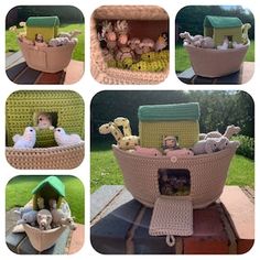 there are many pictures of crocheted baskets with animals in them