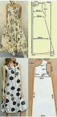 three pictures of different types of dresses with measurementss and instructions to sew them