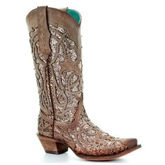 Break out these Corral Women's Golden Luminary Roots Western Boots for special occasions. These stunning boots are just what you need to look your absolute western finest. These full-grain leather boots have a 13" shaft and snip toe. They feature a leather outsole and Goodyear welt construction for stability and durability. These boots have a glitter inlay and studded design that decorates the entire boot. These boots are finished with a 2 1/4" cowboy heel. For those times when regular boots won Brown Boots Fashion, Coffee Process, Minimalist Boots, Cowboy Shoes, Wedding Boots, Corral Boots, Winter Pattern, Studded Boots, Glitter Shoes