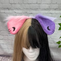 Pastel Goth Floppy Puppy Ear headband. Pink and Purple dog ears with moons and black hoop accessories. Mix Match Pink and Purple faux fur Floppy Puppy Ears on a metal headband. Black Moon's Airbrushed onto ears with Black Hoop Jewelry Earrings on ears.  My shop's ears and tails are completely hand crafted and might have some slight differences in trimming and airbrushing. PLEASE NOTE: CUSTOMIZATIONS TO ORDERS MUST BE MADE PRIOR TO PURCHASING! WE ARE NOT RESPONSIBLE FOR ANY CUSTOMIZATIONS AFTER P Puppy Ears And Tail, Dog Ear Headband, Kawaii Puppy, Pet Regression, Puppy Ears, Dog Ears Headband, Puppy Boy, Purple Dog, Therian Stuff