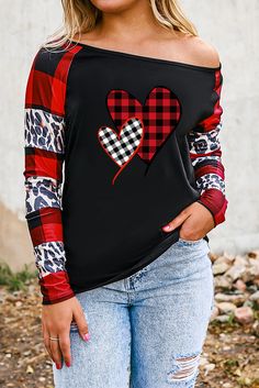 Black Valentines Heart Print Plaid Leopard Joint Sleeve Blouse Black Patchwork Top For Fall, Black Patchwork Blouse For Fall, Spring Black Top With Heart Print, Black Heart Print Top For Spring, Black Long Sleeve Tops With Heart Graphic, Black Long Sleeve Top With Heart Graphic, Black Long Sleeve Patchwork Top, Trendy Black Tops With Heart Print, Trendy Black Top With Heart Print