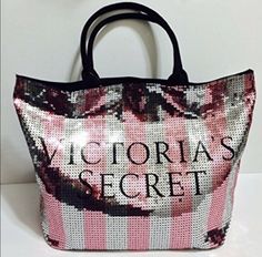 Victorias Secret Large Tote Bag - NEW! Pink & Siver Sequins. Condition is New with tags. Shipped with USPS. Black canvas inside, on bottom, reverse side, please see pictures. Gorgeous! Limited Edition large tote. Super glam! One of a kind, limited edition, Reg. $98 Makeup Bag Essentials, Victoria Secret Tote Bags, Victoria Secret Pink Bags, Weekender Tote Bag, Victoria Secrets, Pink Tote, Victoria Secret Bags, Chanel Deauville Tote Bag, Large Tote Bag