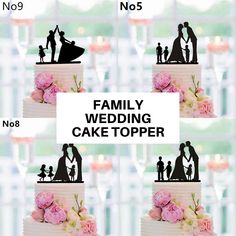 the family wedding cake topper is shown in black and white, with pink flowers