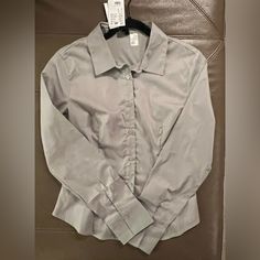 Nwt Hm Fitted Light Grey Shirt Checkout My Ratings And Reviews Gray Cotton Office Top, Gray Cotton Top For Office, Fitted Gray Collared Shirt, Fitted Collared Gray Shirt, Gray Formal Tops For Fall, Fitted Gray Shirt For Fall, Formal Gray Button-up Top, Fitted Gray Cotton Blouse, Beaded Shirt