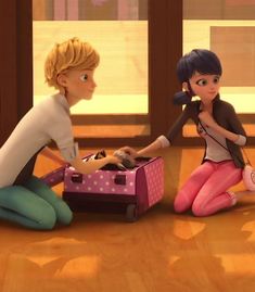 two animated children sitting on the floor with suitcases in front of them and one holding a doll's hand