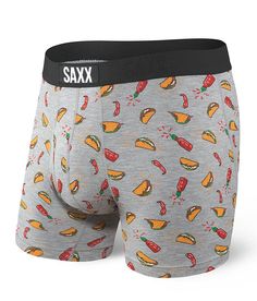 SAXX Ultra Stretch Boxer Briefs - Grey Small, Men's Greyhottaco Relaxed fit taco print 5 boxer briefs with fly Elasticized waistband Three-D Fit? creates support around the glutes thighs quads and hamstrings Flat Out Seams have reverse stitching for an itch free experience Moisture wicking combats clamminess and allows moisture to dissipate from the skin Ballpark Pouch? for friction and chafe free support. 95% Viscose, 5% Elastane. Machine wash cold, gentle cycle. Only non-chlorine bleach when n Celebrities Humor, Outfits Casual, Baddie Outfits, Boxer Briefs, Hot Sauce, Spandex Fabric