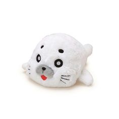 a white stuffed animal with black dots on it's eyes and nose, sitting in front of a white background